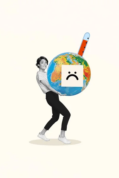 コラージュバナーポスター驚きの少女のスケッチは 地球温暖化の危険な状況を運ぶ白い色の背景に隔離された — ストック写真
