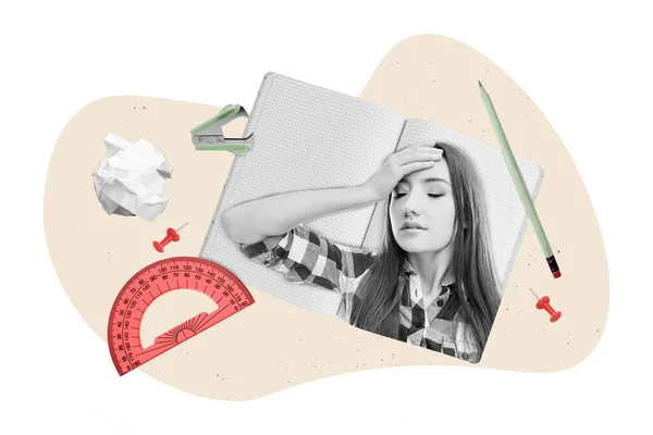 Kreativ Skiss Rolig Sammansatt Collage Ung Flicka Depression Huvudvärk Migrän — Stockfoto