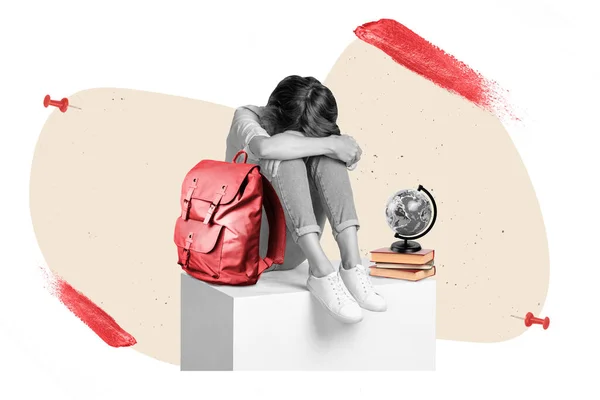 Picture image poster collage sketch template of disappointed girl sitting hiding head crying failed exam isolated on drawing background.