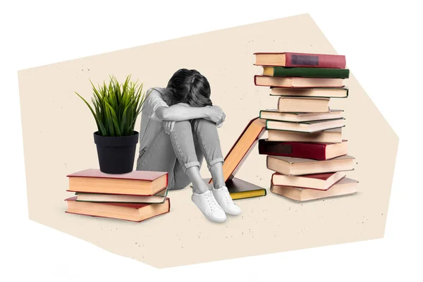 画像コラージュ3Dスケッチポスターの失望した女の子座ってライブラリ準備試験読書多くの本の孤立した絵の背景 — ストック写真