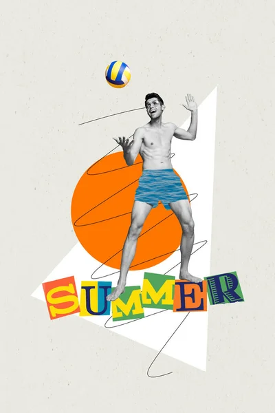 Collage Artwork Excited Funky Guy Playing Beach Volleyball Isolated Painting — Stock Photo, Image