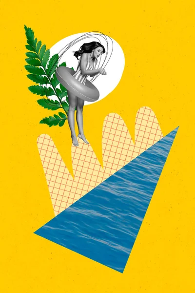 滑稽性感女士跳入大海的艺术拼贴 与海水隔离 画出黄色背景 — 图库照片