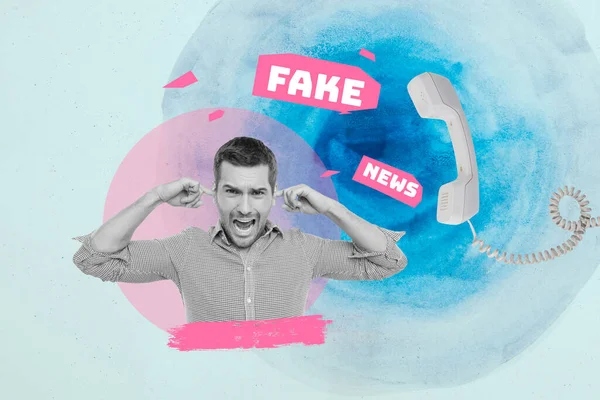 Collage Agresivo Hombre Dedos Cerrar Oídos Detener Propaganda Escuchar Estafa —  Fotos de Stock