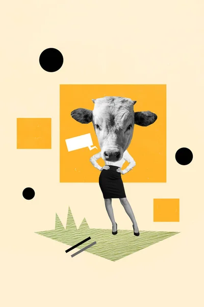 写真漫画コラージュ写真面白い牛の雄牛頭の女性の話雲の空のスペース孤立した創造的な背景 — ストック写真