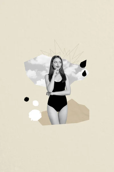 Képkollázs Poszter Kép Kreatív Poszter Gondolkodó Lány Kéz Áll Álmodik — Stock Fotó