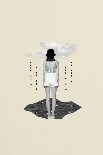 Colagem Cartaz Criativo Jovem Fêmea Visão Traseira Depressão Céu Nuvens — Fotografia de Stock