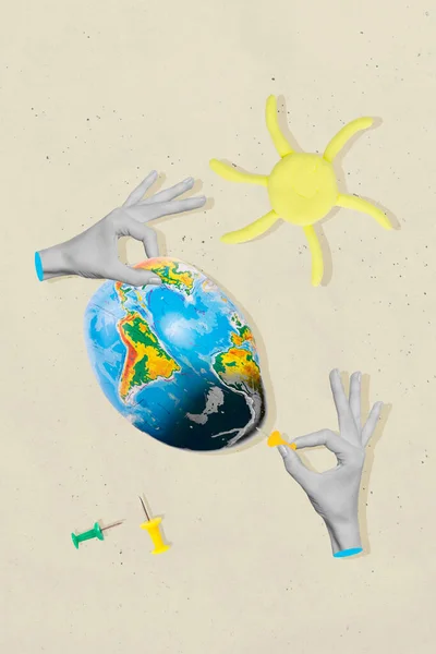 Ruce Pin Planeta Země Škody Koláž Ekologický Koncept Ilustrace Globální — Stock fotografie