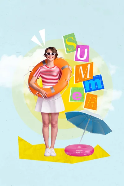 創造的な画像アートワークコラージュイメージポスター正の魅力的な女性の夏休みをお楽しみくださいブイ隔離された絵画の背景 — ストック写真