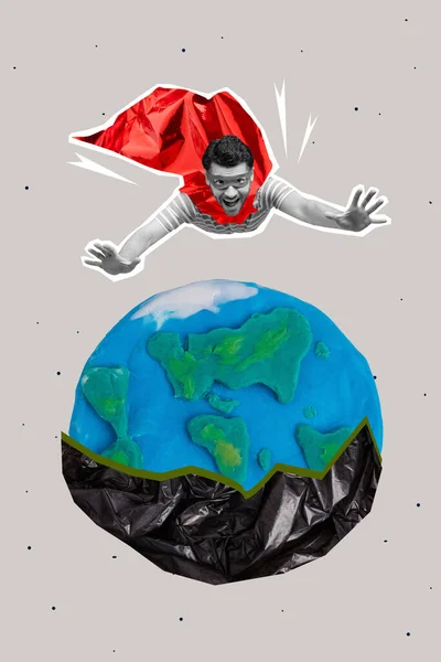 Collage Bandera Vertical Vuelo Rápido Superhéroe Prisa Guardar Planeta Contaminación — Foto de Stock
