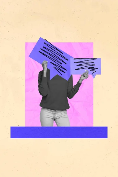 ピンク色の背景に隔離された音声クラウドの意見テキストボックスの情報空間を保持顔を非表示にする画像イラストアートワーク — ストック写真
