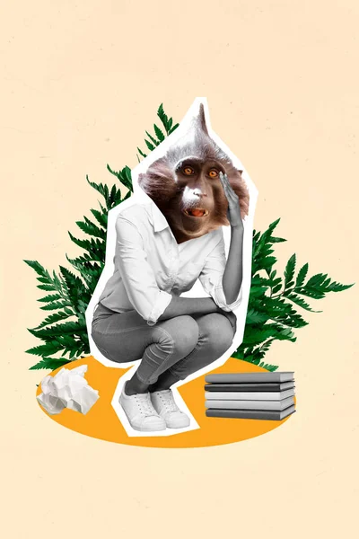 Colagem Vertical Chimpanzé Absurdo Sem Cabeça Confuso Estressado Sobre Evolução — Fotografia de Stock
