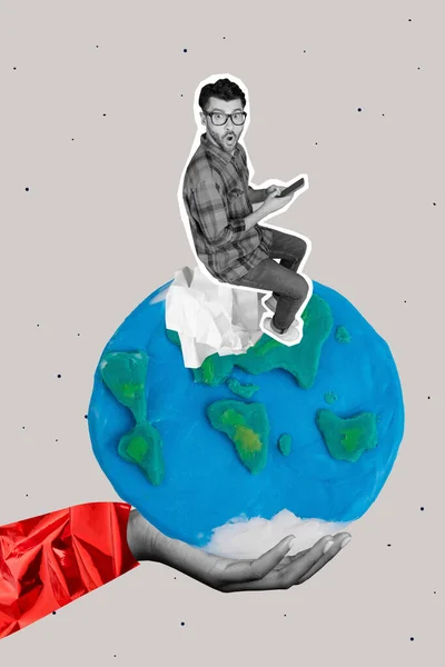 Onverwachte Onder Indruk Reactie Collage Illustratie Banner Jongeman Vrijwilliger Wereld — Stockfoto