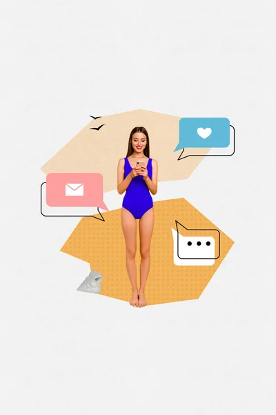 Stock image 3d retro abstract creative artwork template collage of attractive young female swimwear swimsuit message wifi connection summer vacation.