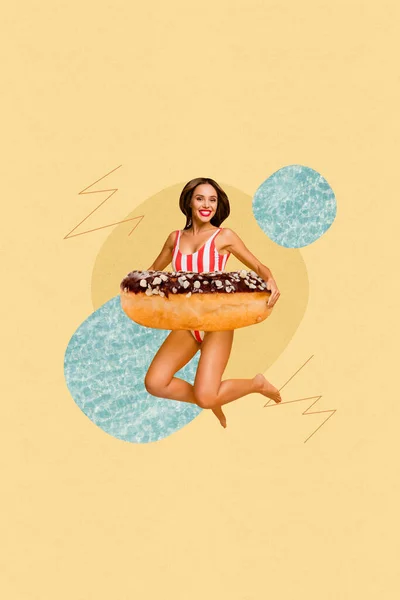 複合コラージュ画像の美しい励起面白い面白いセクシーな女性ジャンプドーナツインフレータブルリング水泳夏休み甘いのイメージ — ストック写真