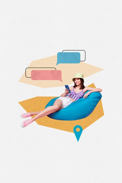 Creative Drawing Collage Picture Funny Young Female Sitting Bean Bag — Stock Photo, Image