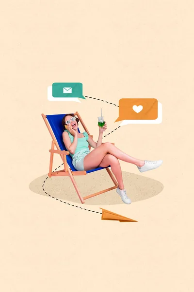 ポスター創造的なコラージュ幸せな女の子嘘椅子の3D画像暖かい天気日光浴ドリンクカクテル孤立した絵画の背景をお楽しみください — ストック写真