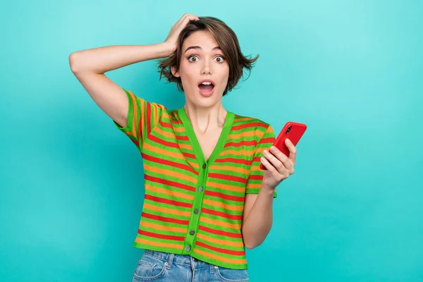 Photo Shocked Funky Woman Dressed Striped Shirt Arm Head Communicating — Stock Photo, Image