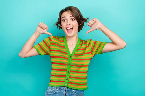 Photo Funky Pretty Woman Dressed Striped Shirt Pointing Thumbs Herself — Stock Photo, Image