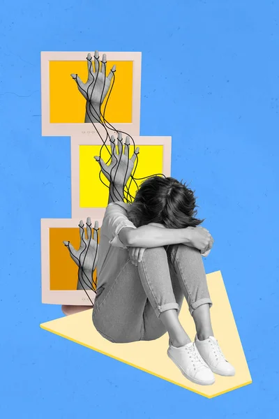 Vertical Composite Design Collage Crying Woman Depression Computer Screen Fingers — Stock Photo, Image