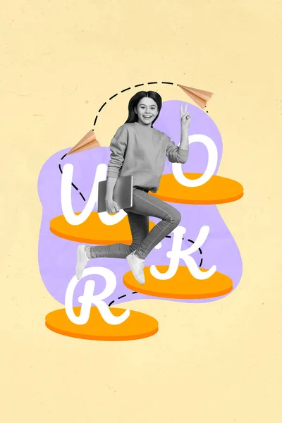 Коллаж Запуска Привлекательной Девушки Трудоголик Прыжок Шоу Знак Привет Приветствуем — стоковое фото