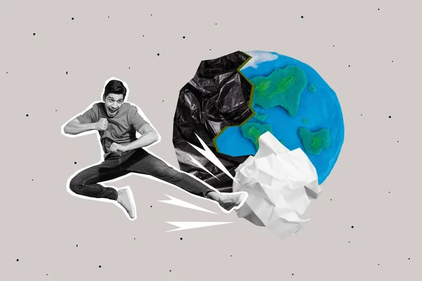 若い空手の戦闘機男のシルエットコラージュボランティアダメージ再利用プラスチック生産を破壊灰色の背景に隔離された地球を救う — ストック写真