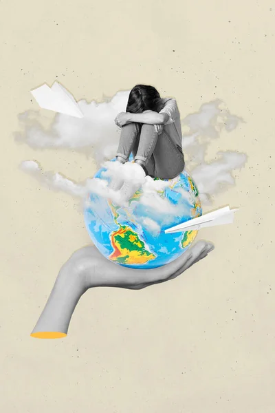 コラージュ3Dスケッチテンプレートアートワークポスターの不幸な悲しい少女座っ地球疲れ仕事夢のフライ海外リゾート週末世界ツアー — ストック写真
