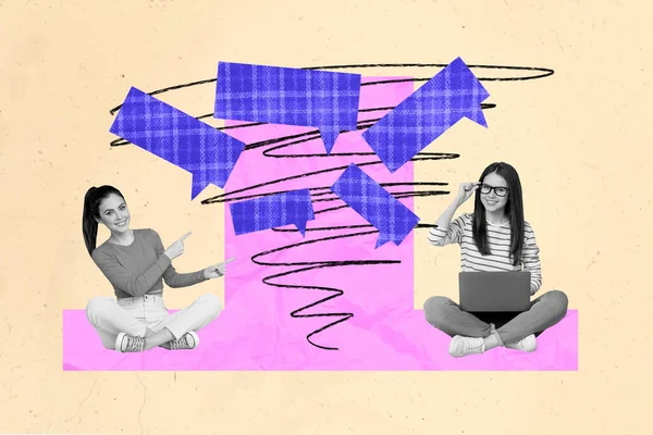 Kreatywna Ilustracja Kompozytowa Abstrakcyjny Kolaż Fotograficzny Dwóch Pozytywnych Dziewcząt Siedzących — Zdjęcie stockowe