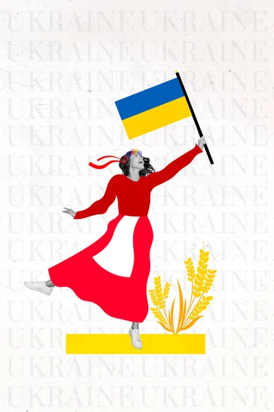 Imagine Colaj Vertical Braț Fată Excitat Ține Steagul Ucrainean Purta Imagini stoc fără drepturi de autor