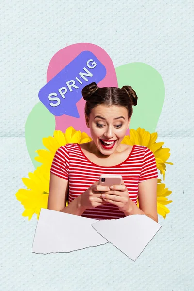縦の複合創造的な写真コラージュの印象的な女の子の表情でスマートフォン書き込み電子メール隔離された白い紙の背景 — ストック写真