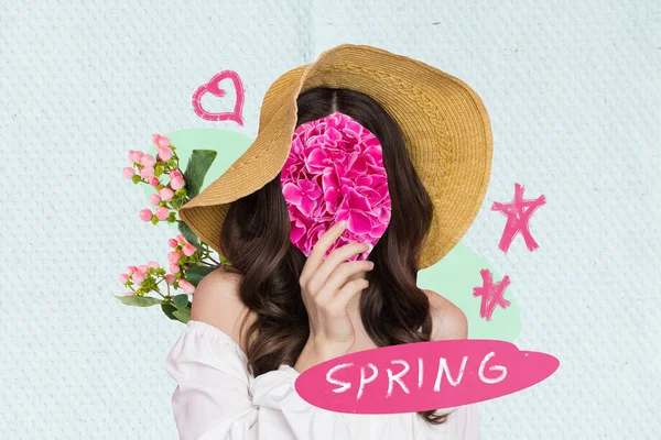 Collage Obraz Dziewczyny Nosić Sunhat Ramię Trzymać Kwiat Maska Pokrywa — Zdjęcie stockowe
