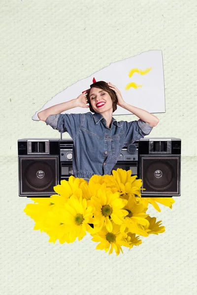 Bord Advertentie Uitnodiging Collage Partij Luisteren Boombox Muziek Radio Cassette — Stockfoto