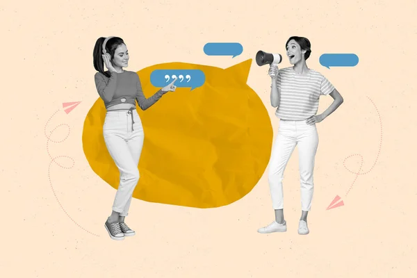 Promoter Collage Illustration Zwei Frauen Sprechen Lautsprecher Neues Promo Angebot — Stockfoto