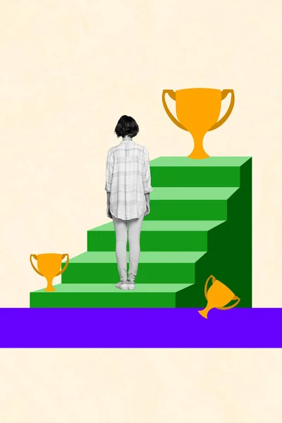 Vertical Criativo Ilustração Composto Foto Colagem Mulher Escada Até Recompensa — Fotografia de Stock