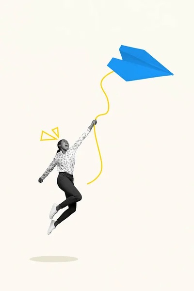 垂直素描图片海报拼贴的时髦无忧无虑的女孩飞纸飞机白色背景隔离 — 图库照片