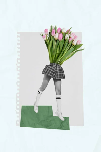 Template Drawing Painting Collage Bizarre Person Flower Bunch Body Tulips — Stock Photo, Image