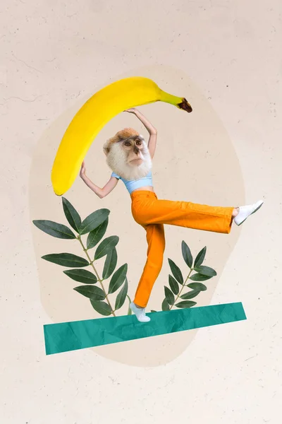 Poster Collage Banner Weird People Ape Face Holding Big Banana — Stock Photo, Image