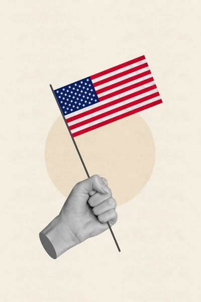 Vertikální Koláž Obrázek Černobílého Efektu Rameno Držet Americkou Národní Vlajku — Stock fotografie