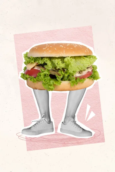 Вертикальная Картина Коллажа Гамбургера Стоят Черно Белые Ботинки Ноги Человека — стоковое фото