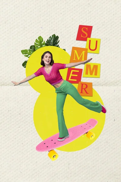Creatieve Template Collage Beeld Van Opgewonden Koele Dame Stijgende Skateboard — Stockfoto
