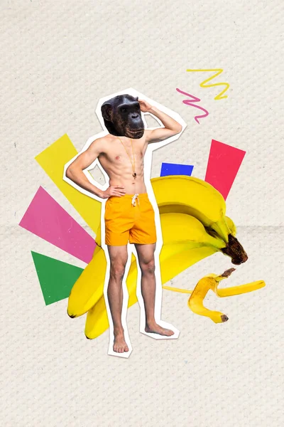 Collage Verticale Immagine Ragazzo Sportivo Testa Scimmia Grande Banana Frutta — Foto Stock