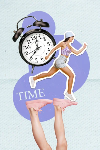 Photo Collage Artwork Minimal Picture Smiling Purposeful Lady Running Time — Stock Photo, Image