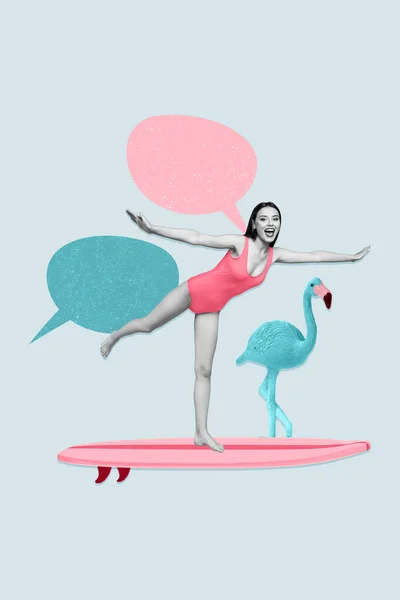 黒の白い効果の女の子の垂直コラージュイメージは 創造的な背景に隔離された1本の足のサーフィンボードの対話バブルフラミンゴ鳥立つ — ストック写真