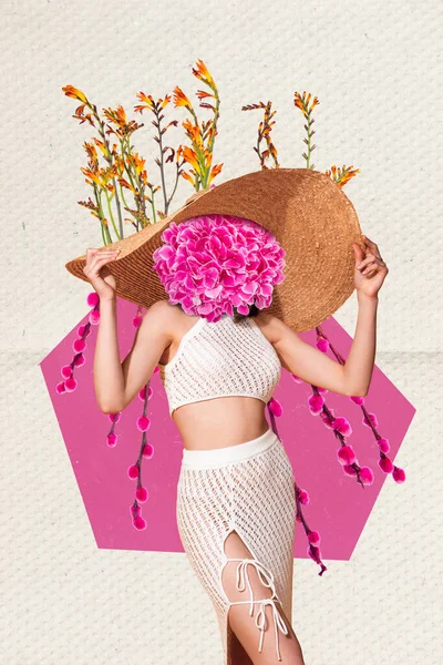 Vertical Collage Image Beautiful Girl Flower Instead Head Straw Sunhat — Stock Photo, Image
