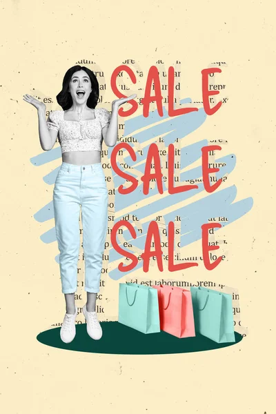 Vertikale Collage Bild Von Schwarz Weiß Effekt Überglücklich Mädchen Einkaufstüten — Stockfoto