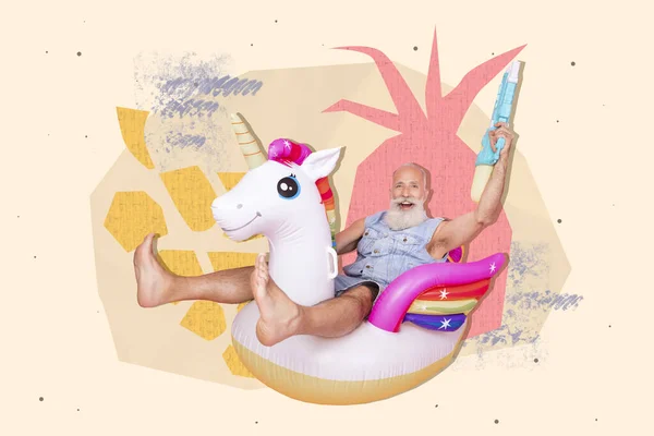 Collage Creativo Composito Foto Positivo Felice Anziano Pensionato Sedersi Unicorno — Foto Stock