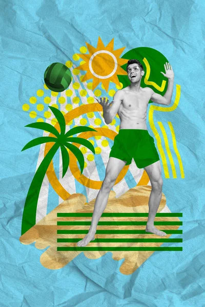 興奮した黒の白い効果の垂直コラージュ画像スポーツマンプレイビーチバレーボール青紙の背景に隔離された太陽のヤシの木を描く — ストック写真