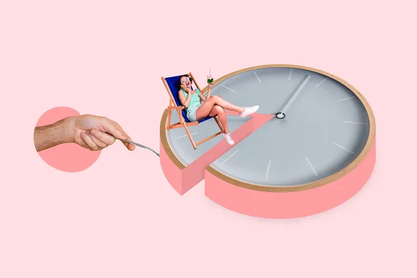 Creative Collage Image Arm Hold Cut Piece Huge Clock Cake — Stock Photo, Image