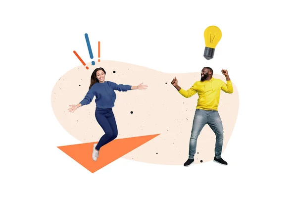 Geschäftsleute Collage Partner Zusammen Haben Spaß Feiern Brillante Idee Glühbirne — Stockfoto