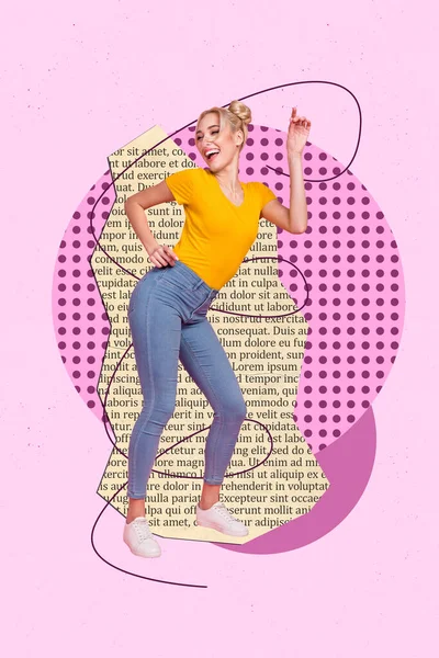 Pionowe Kolaż Grafika Blond Model Taniec Słuchać Muzyka Doodle Ilustracja — Zdjęcie stockowe