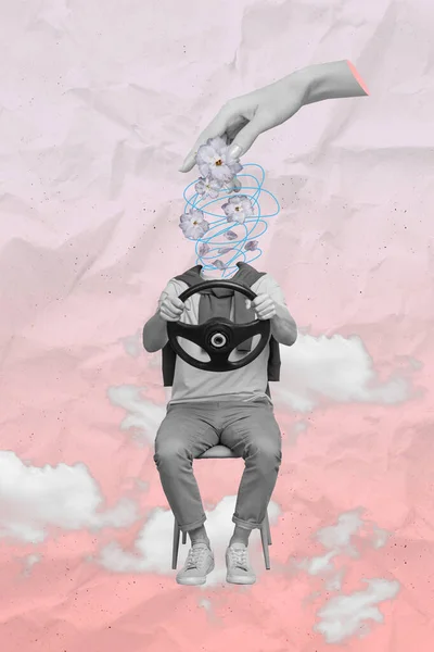 黒い白い腕の垂直コラージュは花の接続を保持しますヘッドレスミニ男は紙の雲の空の背景に隔離された椅子を保持する — ストック写真